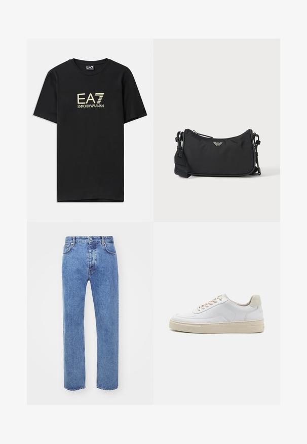 Čierne bavlnené tričko s pozláteným logom EA7 Emporio Armani na hrudi. Krátke rukávy a okrúhly výstrih.; Won Hundred STEVE - Džínsy voľného strihu - cut blue; Biele tenisky s hladkým koženým zvrškom, béžovými šnúrkami a textúrovaným béžovým semišovým pätovým panelom. Zvýšená podrážka pre väčšiu výšku.; Čierna obdĺžniková crossbody taška so strieborným logom značky a nastaviteľným popruhom na svetlom pozadí.