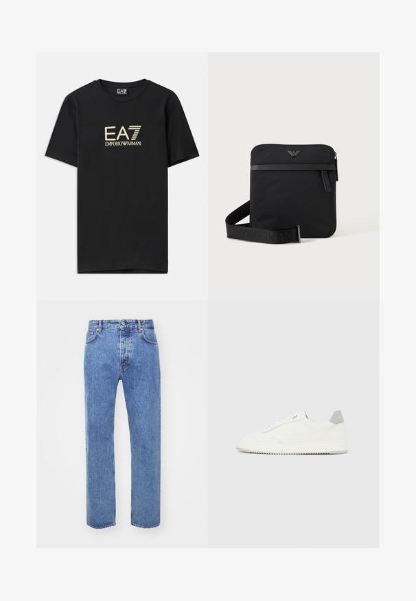 Schwarzes Baumwoll-T-Shirt mit einem goldenen EA7 Emporio Armani-Logo auf der Brust. Kurze Ärmel und Rundhalsausschnitt.; Won Hundred STEVE - Jeans Relaxed Fit - cut blue; Weißer Sneaker mit niedrigem Schaft, grauem Fersenlaschen, weißen Schnürsenkeln und einer strukturierten Sohle, dargestellt vor einem schlichten hellen Hintergrund.; Schwarze quadratische Schultertasche mit Reißverschluss, Vordertasche und verstellbarem Riemen mit eingeprägtem Markennamen.