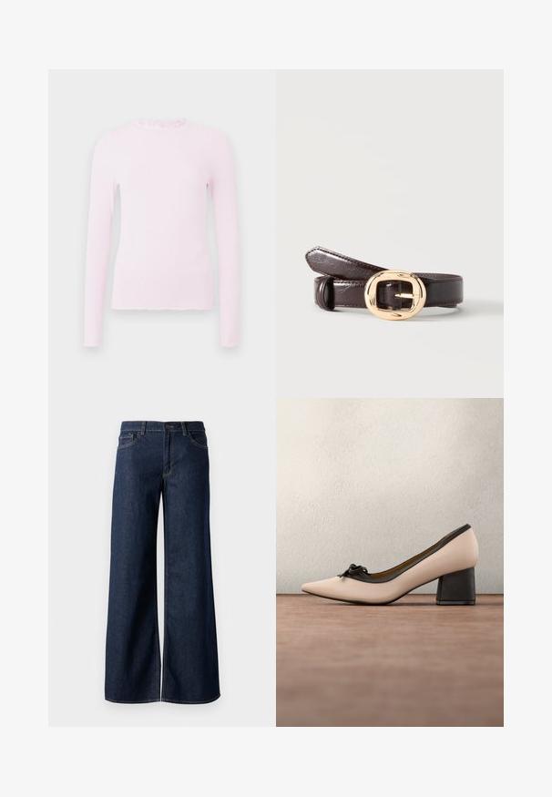 Pink langærmet top i ribbet текстur, med en flæsekrave og et tætsiddende design med frynset kantdetalje.; Bredde ben jeans i mørkeblå denim. Har kontrastsyninger, fem lommer og en knaplukning i taljen. Glat tekstur.; Beige kvinders hællet sko med en sort sløjfe, sort kant og blokhæle, svævende over et gråt tæppe.; Mørkebrun læderbælte, snoet med en skinnende gylden, afrundet rektangulær spænde på en ensfarvet lys baggrund.
