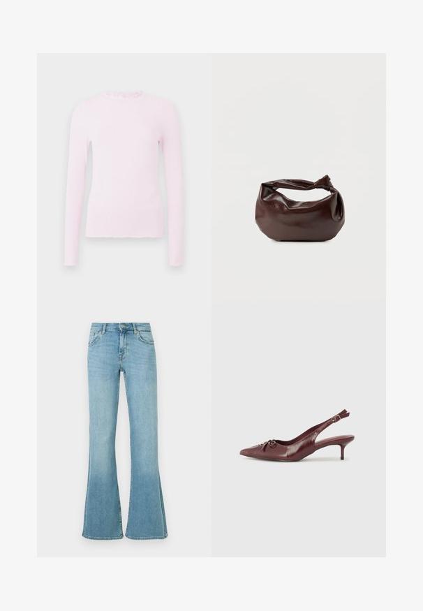 Pink langærmet top i ribbet текстur, med en flæsekrave og et tætsiddende design med frynset kantdetalje.; Lyseblå denimjeans med høj talje, knap- og lynlåslukning foran, lommer foran og bagpå samt vidde i benene.; Bordeaux læder slingback hæl med spidse tå, justerbar rem og dekorativ sløjfedetalje foran. 7,5 cm hælhøjde.; Mørkebrun læder skuldertaske med en blød, afslappet form og et snoet knudehåndtag på en ensartet hvid baggrund.