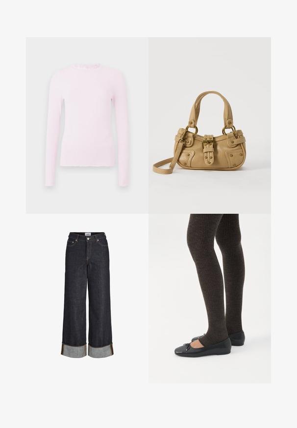 Top de manga larga rosa en textura acanalada, con un cuello con volantes y un diseño ajustado con un detalle de dobladillo deshilachado.; Vaqueros azul oscuro de pierna ancha con dobladillos remangados, cinco bolsillos y costuras en contraste de color amarillo.; Piernas con leggings oscuros acanalados combinados con bailarinas negras que presentan pequeños detalles de lazo sobre un fondo blanco.; Bolso de cuero beige con doble asa, hebilla y remaches de latón, y una correa de hombro ajustable sobre un fondo blanco.
