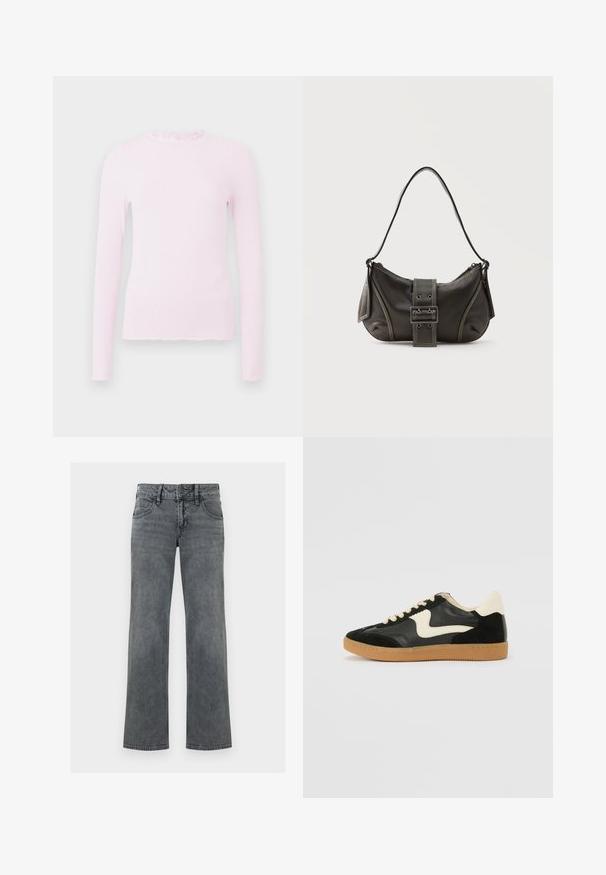 Pink langærmet top i ribbet текстur, med en flæsekrave og et tætsiddende design med frynset kantdetalje.; Grå denimjeans med lige ben, lynlås og knap foran samt fem-lomme-design, vist mod en hvid baggrund.; Sorte ruskinds- og lædersneakers med en cremefarvet side-swoosh og lys cremefarvet hæl. Har beige snørebånd og en gummirubber-sål.; Sort læder skuldertaske med spænde på remmen, afrundede kanter og kontrasterende hvide syninger på en ensfarvet baggrund.