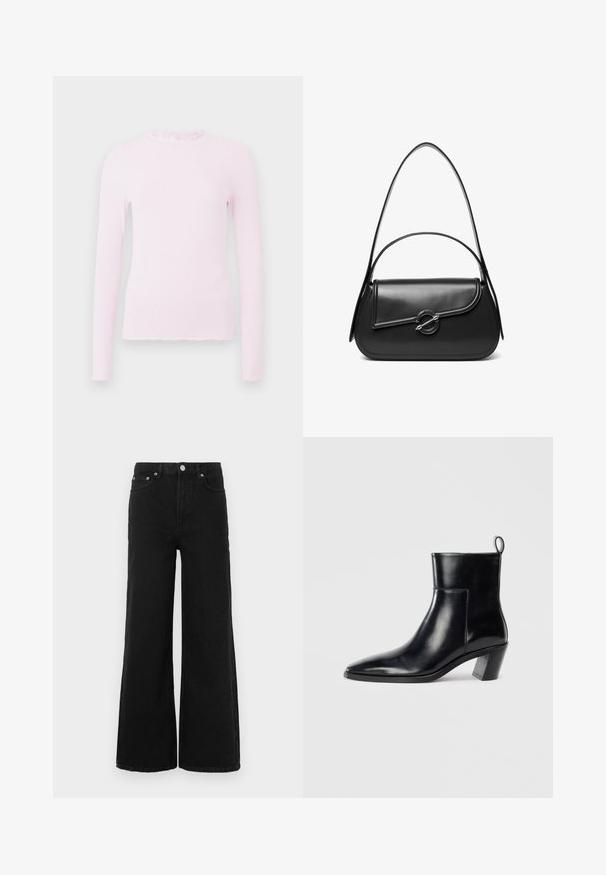 Haut à manches longues rose en texture côtelée, présentant un col volanté et un design ajusté avec des détails d'ourlet effiloché.; Jean noir à jambes larges en denim ; doté d'une taille haute, de poches avant et d'une fermeture par bouton. Aucun motif ni ornement visible.; Bottine en cuir noir avec un bout pointu, un talon empilé géométrique et une languette à l'arrière. Texture lisse et design épuré.; Sac à bandoulière en cuir noir avec un rabat incurvé fermé par un fermoir métallique rond et une sangle fine et ajustable.