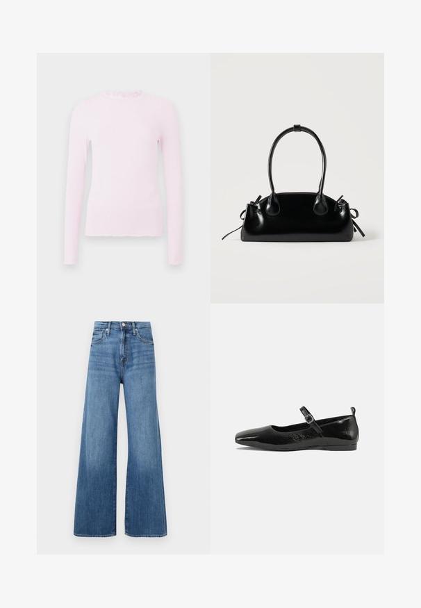 Pink langærmet top i ribbet текстur, med en flæsekrave og et tætsiddende design med frynset kantdetalje.; Blå højtaljede vidde jeans med knap- og lynlåslukning, forlommer og diskret fading på stoffet.; Sorte patentlæder flade sko med spidse tæer, en ankelrem med spænde og en glat, blank tekstur. Lav hæl for komfort.; Lille sort blank håndtaske med to lange håndtag og snøre-detaljer i siden på en ensfarvet lys baggrund.
