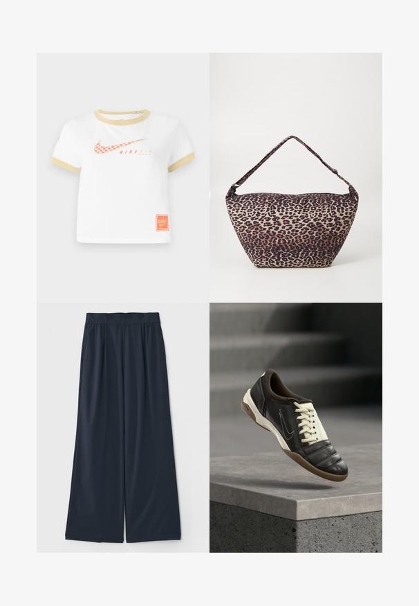 Witte T-shirt met gouden rand, met een rood geruit Nike swoosh-logo, de tekst "NIKE AIR" en een klein oranje Nike-label aan de zoom.; Donkerblauwe wijde broek van zacht materiaal; heeft een elastische tailleband en twee zijzakken voor extra gemak.; Donkerbruine leren sneaker met crèmekleurige veters, een gewatteerde kraag en een getextureerde neus. Voorzien van een rubberen zool en een zijwaarts geplaatst swoosh-logo.; Schoudertas van stof met luipaardprint, met een brede, asymmetrische vorm, textuur oppervlak en een enkele, gewatteerde schouderband.