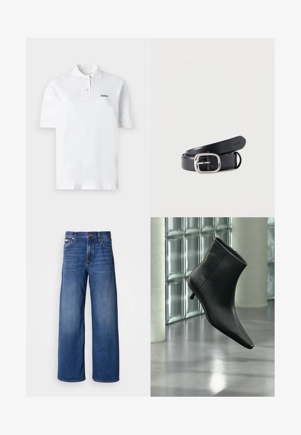 Witte poloshirt van katoen, met een klassieke kraag, drie knopen en een klein zwart logo op de linkerborst. Korte mouwen.; Wijdvallende spijkerbroek in donkerblauw, met een hoge taille, vijf zakken en subtiele vervagingen aan de voorkant voor extra textuur en detail.; Zwarte leren enkellaars met spits toelopende neus en lage kittenhak, schuin weergegeven tegen een gepolijste vloer en een glazen blokken muur als achtergrond.; Zwarte leren riem met een rechthoekige zilveren gesp. Glad oppervlak, met gaten voor verstelbaarheid en een merknaam aan de binnenkant.
