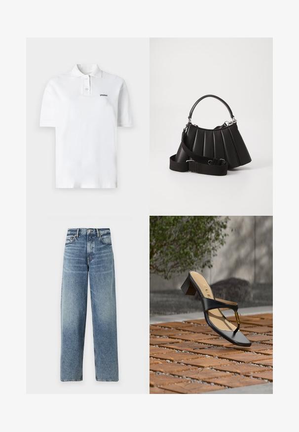 Witte poloshirt van katoen, met een klassieke kraag, drie knopen en een klein zwart logo op de linkerborst. Korte mouwen.; Lichtblauwe denim jeans met een rechte pasvorm, hoge taille en subtiele vervaging. Voorzien van vijf zakken en een knoopsluiting.; Zwarte sandaal met hak, teenlus en gouden accent, geplaatst op een houten en stenen geplaveid oppervlak buiten nabij groen.; Zwarte geplooide handtas met een ronde handgreep, verstelbare schouderriem en glanzende textuur. Heeft zilveren hardware en een gestructureerde silhoutte.