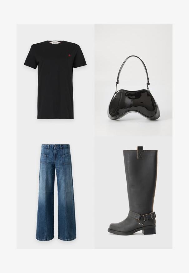 T-shirt noir à manches courtes en tissu lisse, avec un col rond et un petit logo rouge sur la poitrine. Design simple et classique.; Jeans évasés en denim bleu délavé. Comprend cinq poches, une fermeture à bouton et à fermeture éclair, avec des coutures apparentes et une coupe décontractée.; Bottes noires en cuir, montantes jusqu'au genou, avec une finition texturée, présentant une boucle sur le côté et un talon bas. Couture détaillée le long des coutures.; Sac à main en cuir verni noir avec une forme incurvée unique, une anse courte et ajustable, et une fermeture zippée. Texture lisse avec un branding discret.