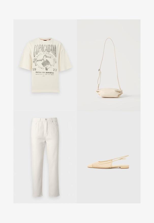 T-shirt blanc cassé avec le texte "COPACABANA", deux toucans, des palmiers et des phrases en portugais sur les vacances et la vie tropicale.; Jean blanc droit avec poches avant et arrière, passants pour ceinture, et fermeture par bouton et zip.; Chaussure plate slingback en beige clair avec une tige en maille, un bout pointu et un petit talon. Dotée d'une sangle ajustable pour un bon maintien.; Petit sac bandoulière en cuir beige avec sangle ajustable, présenté sur un fond clair uni.