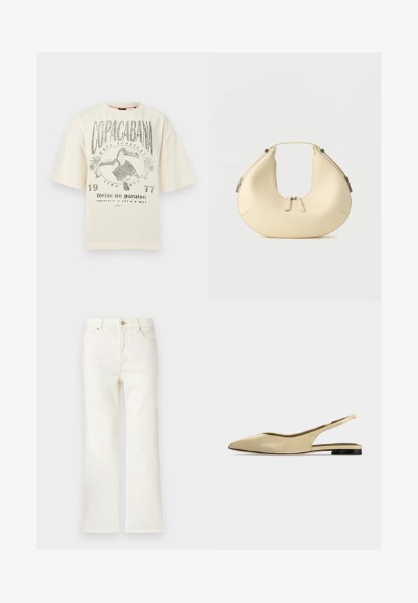 T-shirt blanc cassé avec le texte "COPACABANA", deux toucans, des palmiers et des phrases en portugais sur les vacances et la vie tropicale.; Jean crème taille haute, jambe droite, avec poches avant, fermeture par bouton et passants pour ceinture sur fond uni.; Chaussure plate beige à bout pointu avec bride arrière, petit talon noir et finition en cuir lisse, vue de côté sur un fond uni.; Sac à main beige en forme de croissant avec fermeture à double fermeture éclair et poignée courte, avec des détails en métal argenté sur les côtés.