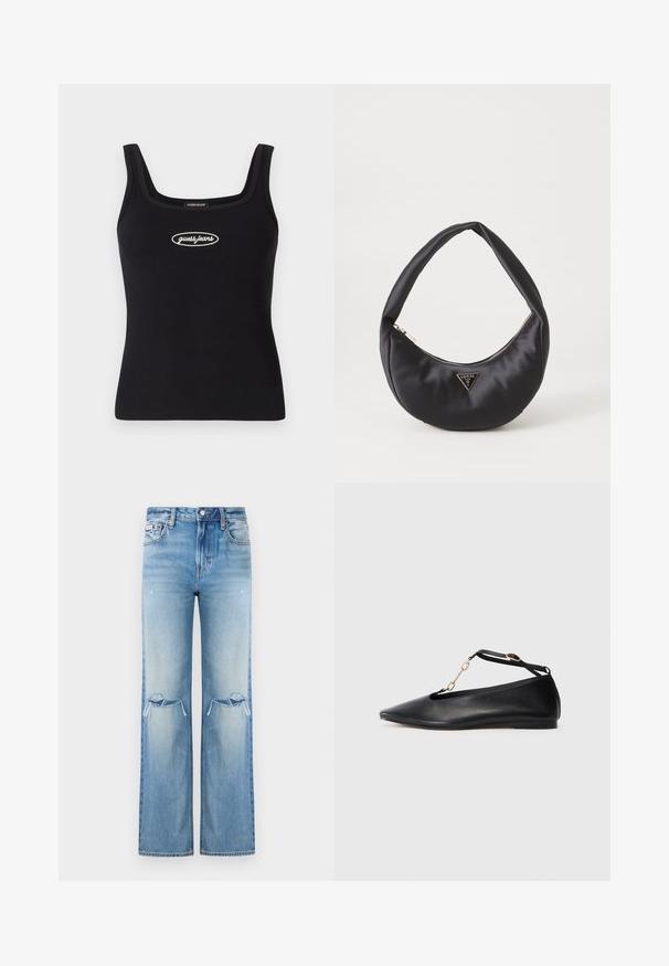 Zwarte geribbelde tanktop met een vierkante halslijn en geborduurd "guess jeans" logo in het wit. Slanke pasvorm en een gladde textuur.; Lichtblauwe spijkerbroek met rechte pijpen en gescheurde details bij beide knieën, voorzien van een knoop- en ritssluiting.; Zwarte leren ballerina's met een pointed toe, uitgesneden ontwerp, enkelbandje en gouden kettingaccent. Glad oppervlak, minimale hak.; Zwarte satin handtas met een gebogen vorm, voorzien van een ritssluiting en een driehoekig metalen logo aan de voorkant. Gladde textuur en een slank ontwerp.