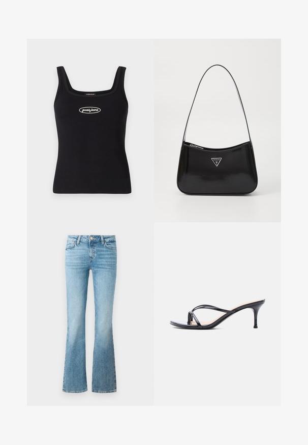 Schwarzes geripptes Tanktop mit quadratischem Ausschnitt und gesticktem "Guess Jeans"-Logo in Weiß. Slim-Fit und glatte Textur.; Hellblaue Denim-Flares mit Fronttaschen, Gürtelschlaufen und Knopfverschluss.; Schwarze Peeptoe-Sandale aus Lackleder mit dünnen, gekreuzten Riemen und einem schlanken, mittelhohen Stilettoabsatz vor weißem Hintergrund.; Schwarze patentierte Leder-Schultertasche mit geschwungener Form, ausgestattet mit einem silbernen Dreieckslogo und einem Reißverschluss. Glatte Textur und schmaler Riemen.