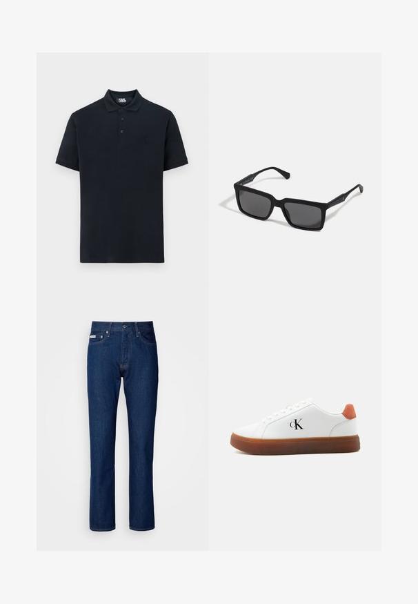 Polo marino de algodón, con un collar clásico, tres botones y un logo bordado en el lado izquierdo del pecho. Mangas cortas, textura suave.; Jeans de denim azul oscuro con un diseño de pierna recta, que cuentan con una cremallera y cierre de botón, cinco bolsillos y detalles de costura sutiles.; Zapatilla blanca de corte bajo con suela marrón, lengüeta naranja en el talón, cordones y logo "cK" en el lateral.; Gafas de sol negras con lentes rectangulares, acabado mate, montura gruesa y brazos delgados con un discreto detalle de marca.