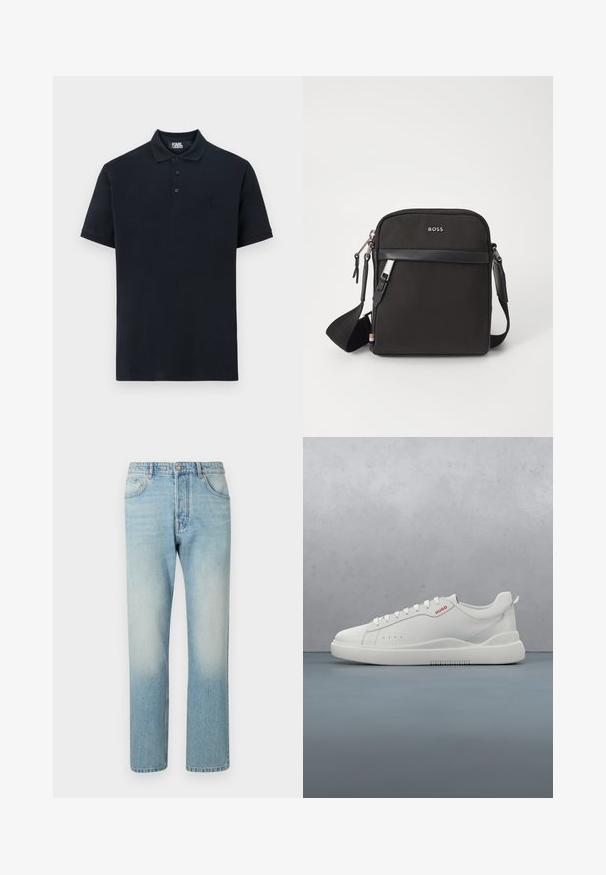 Polo marino de algodón, con un collar clásico, tres botones y un logo bordado en el lado izquierdo del pecho. Mangas cortas, textura suave.; Jeans de color azul claro hechos de denim, con un diseño de pierna recta, estructura de cinco bolsillos y efecto de lavado desgastado en los muslos.; Zapatilla blanca con un acabado de cuero liso, punta redonda, cuatro ojales, perforaciones sutiles y un detalle de logo rojo en el lateral.; Bolso bandolero negro con un tejido texturizado, logo en la parte frontal, cierre de cremallera y correa ajustable. Presenta un ribete de cuero suave.