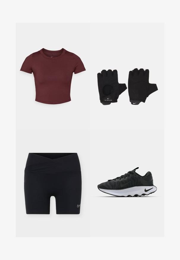 Camiseta corta color burdeos hecha de una tela suave y elástica. Presenta mangas cortas y un cuello redondo, con un logo sutil en el pecho.; Pantalones cortos deportivos negros con cintura cruzada y pequeño logo blanco de Nike Swoosh en la pierna izquierda sobre un fondo liso.; Zapatillas deportivas negras con parte superior texturizada, que cuentan con una entresuela blanca y detalles negros. Punta redondeada y cuello acolchado para mayor comodidad.; Guantes sin dedos negros con un diseño texturizado. Hechos de un material transpirable, cuentan con un orificio para el pulgar y una palma reforzada para mejorar el agarre.