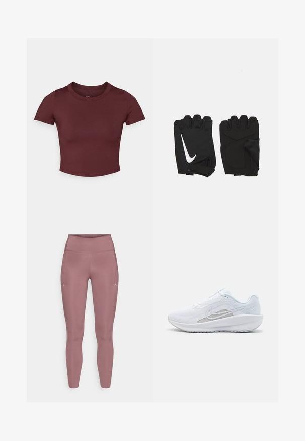 Camiseta corta color burdeos hecha de una tela suave y elástica. Presenta mangas cortas y un cuello redondo, con un logo sutil en el pecho.; Leggings ajustados de cintura alta en color rosa apagado. Confeccionados con una tela suave y elástica, con bolsillo lateral y detalles de costuras mínimas.; Zapatilla deportiva blanca con parte superior de malla, punta redondeada y suela texturizada. Presenta un swoosh de Nike plateado y un diseño minimalista.; Guantes de gimnasio sin dedos en color negro, hechos de un tejido transpirable, con un logo de Nike blanco, palmas acolchadas y un diseño de muñeca abierta para mayor flexibilidad.