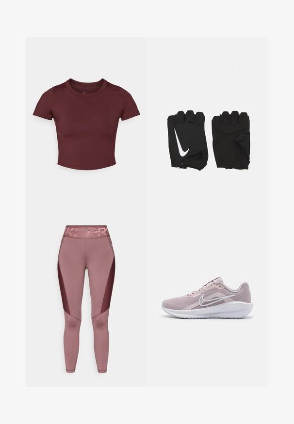 Camiseta corta color burdeos hecha de una tela suave y elástica. Presenta mangas cortas y un cuello redondo, con un logo sutil en el pecho.; Leggings deportivos rosa con una cinturilla alta que presentan "NIKE PRO" en letras brillantes. Los paneles laterales tienen un diseño de malla texturizada.; Zapatilla deportiva de color rosa claro con una parte superior de malla transpirable, acentos blancos, un collar acolchado y una suela de goma texturizada para mayor agarre.; Guantes de gimnasio sin dedos en color negro, hechos de un tejido transpirable, con un logo de Nike blanco, palmas acolchadas y un diseño de muñeca abierta para mayor flexibilidad.