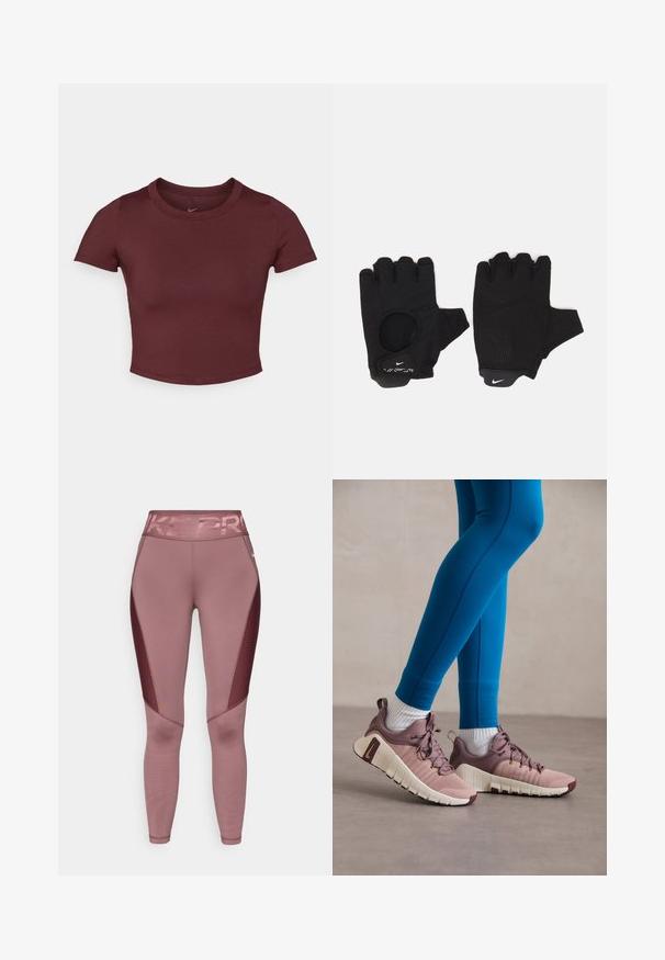 Bordeauxfarbene kurze T-Shirt aus glattem Stretchstoff. Es hat kurze Ärmel und einen runden Ausschnitt, mit einem dezenten Logo auf der Brust.; Rosa Sportleggins mit hohem Bund, auf dem "NIKE PRO" in glänzender Schrift steht. Die Seitenpaneele haben ein strukturiertes Mesh-Design.; Sportliche Schuhe in Hellrosa und Beige mit strukturierten Seitenpaneelen, braunen Akzenten und flexiblen Sohlen. Getragen mit blauen Leggings und weißen Socken.; Schwarze fingerlose Handschuhe mit einem strukturierten Design. Hergestellt aus einem atmungsaktiven Material, mit einem Daumenloch und verstärktem Handballen für besseren Grip.