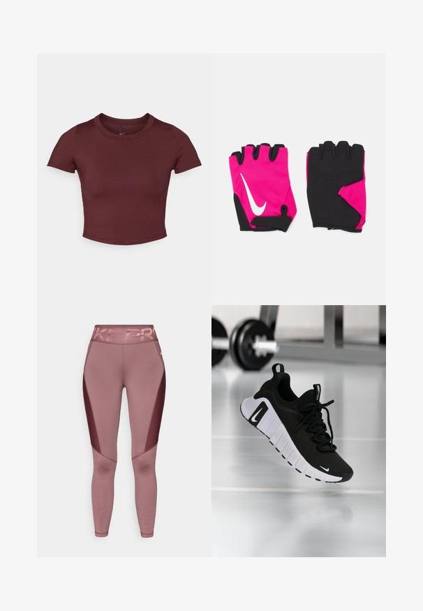 Bordeauxfarbene kurze T-Shirt aus glattem Stretchstoff. Es hat kurze Ärmel und einen runden Ausschnitt, mit einem dezenten Logo auf der Brust.; Rosa Sportleggins mit hohem Bund, auf dem "NIKE PRO" in glänzender Schrift steht. Die Seitenpaneele haben ein strukturiertes Mesh-Design.; Schwarzer Sportschuh mit strukturiertem Stoffobermaterial, weißer Sohle und auffälligem Schnürsystem. Verfügt über ein Nike-Logo und ein weiches, gepolstertes Design.; Kurze rosa Handschuhe mit schwarzen Akzenten, ausgestattet mit einem weißen Nike-Logo, gepolsterten Handflächen und einem fingerlosen Design für verbesserten Griff und Flexibilität.