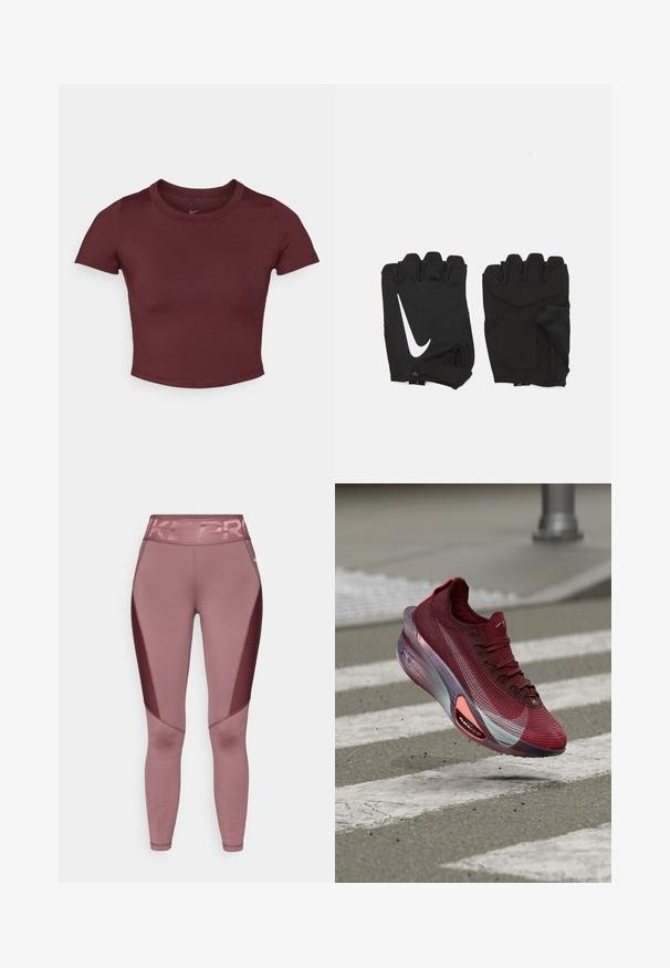 Camiseta corta color burdeos hecha de una tela suave y elástica. Presenta mangas cortas y un cuello redondo, con un logo sutil en el pecho.; Leggings deportivos rosa con una cinturilla alta que presentan "NIKE PRO" en letras brillantes. Los paneles laterales tienen un diseño de malla texturizada.; Zapatilla deportiva granate con detalles blancos y rosas flota sobre un paso de peatones en una carretera asfaltada.; Guantes de gimnasio sin dedos en color negro, hechos de un tejido transpirable, con un logo de Nike blanco, palmas acolchadas y un diseño de muñeca abierta para mayor flexibilidad.