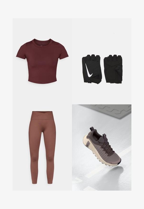 Marónová cropped tričko z hladkej elastickej látky. Má krátke rukávy a okrúhly výstrih, s nenápadným logom na hrudi.; Hnedé legíny s vysokým pásom a hladkou, pružnou textúrou. Majú prekryté pásy a žiadne viditeľné švy. Vhodné na športové nosenie.; Nike Free tenisky v šedých a béžových odtieňoch, s textúrovaným zvrškom, flexibilnou podrážkou, systémom šnurovania a pútkom na päte pre jednoduché obúvanie.; Čierne bezprstové fitness rukavice vyrobené z priedušnej tkaniny, s bielym logom Nike, polstrovanými dlaniami a otvoreným dizajnom zápästia pre flexibilitu.