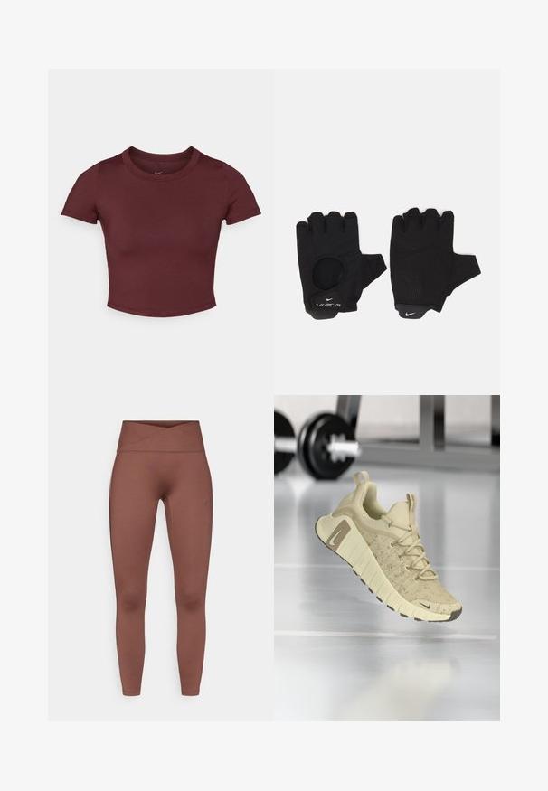 Camiseta corta color burdeos hecha de una tela suave y elástica. Presenta mangas cortas y un cuello redondo, con un logo sutil en el pecho.; Leggings marrones de cintura alta con una textura suave y elástica. Presentan una cinturilla cruzada y sin costuras visibles. Apta para ropa de deporte.; Zapatilla deportiva beige con parte superior texturizada, suela ancha y acentos marrones. Cuenta con un diseño de cordones y un logotipo de marca prominente.; Guantes sin dedos negros con un diseño texturizado. Hechos de un material transpirable, cuentan con un orificio para el pulgar y una palma reforzada para mejorar el agarre.