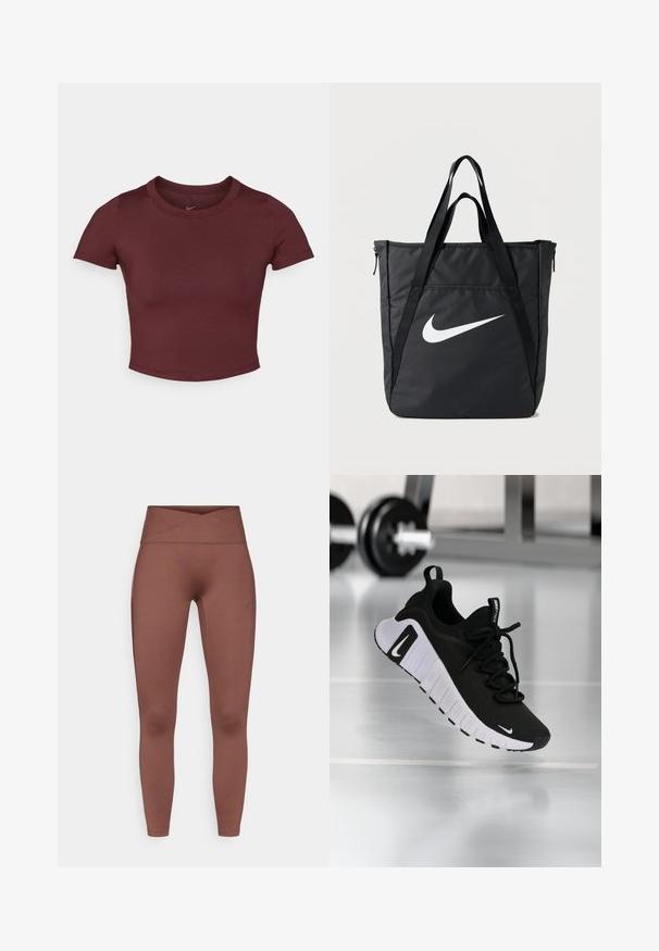 Bordeaux cropped t-shirt gemaakt van gladde rekbare stof. Heeft korte mouwen en een ronde hals, met een subtiele logo op de borst.; Bruine high-waisted leggings met een gladde, rekbare textuur. Beschikt over een kruisband en geen zichtbare naden. Geschikt voor sportkleding.; Zwarte sportschoen met een textuurstof bovenwerk, witte zool en een opvallend vetersysteem. Voorzien van een Nike-logo en een zacht, gedempt ontwerp.; Zwarte nylon draagtas met twee schouderbanden, voorzien van een grote witte Nike-logo, ritssluiting en een strak rechthoekig ontwerp.