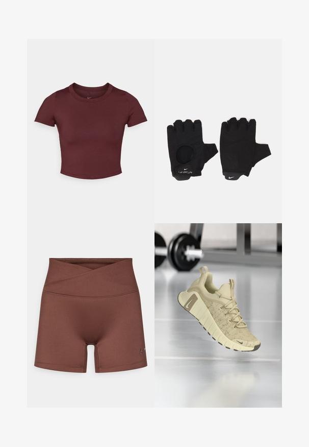 Bordeaux cropped t-shirt gemaakt van gladde rekbare stof. Heeft korte mouwen en een ronde hals, met een subtiele logo op de borst.; Bruine sportieve korte broek met een hoge tailleband en een kruisvormig voorkantontwerp. Gemaakt van glad, rekbaar materiaal. Voorzien van een klein logo aan de zijkant.; Beige sportieve schoen met een gestructureerde bovenkant, brede zool en bruine accenten. Beschikt over een vetersluiting en een prominent merkembleem.; Zwarte vingerloze handschoenen met een gestructureerd ontwerp. Gemaakt van een ademend materiaal, met een duimopening en versterkte palm voor grip.