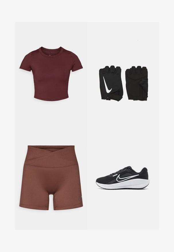 Camiseta corta color burdeos hecha de una tela suave y elástica. Presenta mangas cortas y un cuello redondo, con un logo sutil en el pecho.; Pantalones cortos deportivos marrones con una cinturilla alta y diseño cruzado en el frente. Hechos de un material suave y elástico. Presentan un pequeño logo en el lateral.; Zapatilla deportiva negra con parte superior de malla, acentos blancos, suela acolchada y un diseño aerodinámico. Presenta una puntera redondeada y una suela plana.; Guantes de gimnasio sin dedos en color negro, hechos de un tejido transpirable, con un logo de Nike blanco, palmas acolchadas y un diseño de muñeca abierta para mayor flexibilidad.