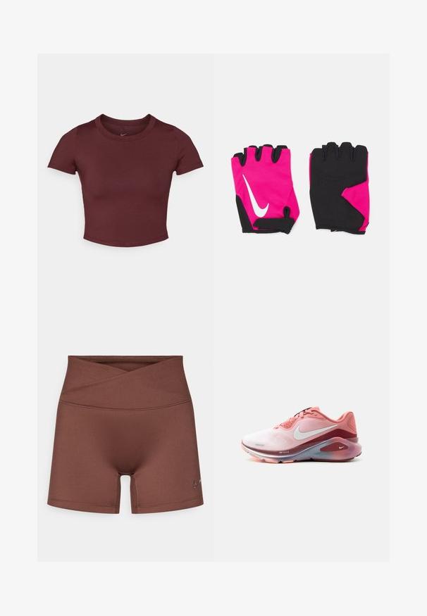 Bordeaux beskåret t-shirt lavet af glat strækstof. Har korte ærmer og rund hals, med et subtilt logo på brystet.; Brune atletikshorts med høj talje og krydset frontdesign. Fremstillet af glat, strækbart materiale. Har en lille logo på siden.; Pink og rød Nike løbesko med hvid swoosh-logo, polstret sål og mesh-overdel, vist fra siden på hvid baggrund.; Korte lyserøde handsker med sorte accenter, der har et hvidt Nike-logo, polstrede håndflader og fingerløst design for bedre greb og fleksibilitet.