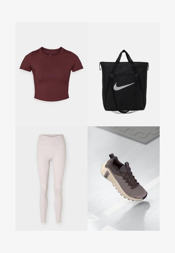 Bordeauxfarbene kurze T-Shirt aus glattem Stretchstoff. Es hat kurze Ärmel und einen runden Ausschnitt, mit einem dezenten Logo auf der Brust.; Hellbeige nahtlose Leggings mit hoher Taille und einem Detail eines gekreuzten Taillenbunds, flach auf weißem Hintergrund gezeigt.; Nike Free Sneaker in Grau und Beige, mit einem strukturierten Obermaterial, flexibler Sohle, Schnürsystem und Zuglasche an der Ferse für ein einfaches Anziehen.; Schwarze Nylon-Tragetasche mit zwei stabilen Griffen und Reißverschluss. Enthält ein auffälliges weißes Nike-Swoosh-Logo in einem horizontalen Streifendesign.