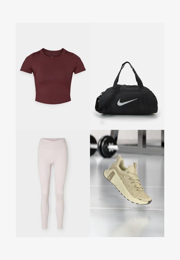 Camiseta corta color burdeos hecha de una tela suave y elástica. Presenta mangas cortas y un cuello redondo, con un logo sutil en el pecho.; Leggings beige claro de talle alto y sin costuras con detalle de cintura cruzada, mostrados planos sobre un fondo blanco.; Zapatilla deportiva beige con parte superior texturizada, suela ancha y acentos marrones. Cuenta con un diseño de cordones y un logotipo de marca prominente.; Bolsa de deporte negra con un acabado de tela suave. Presenta un prominente logo reflectante de Nike y asas cortas, con una correa de hombro ajustable.