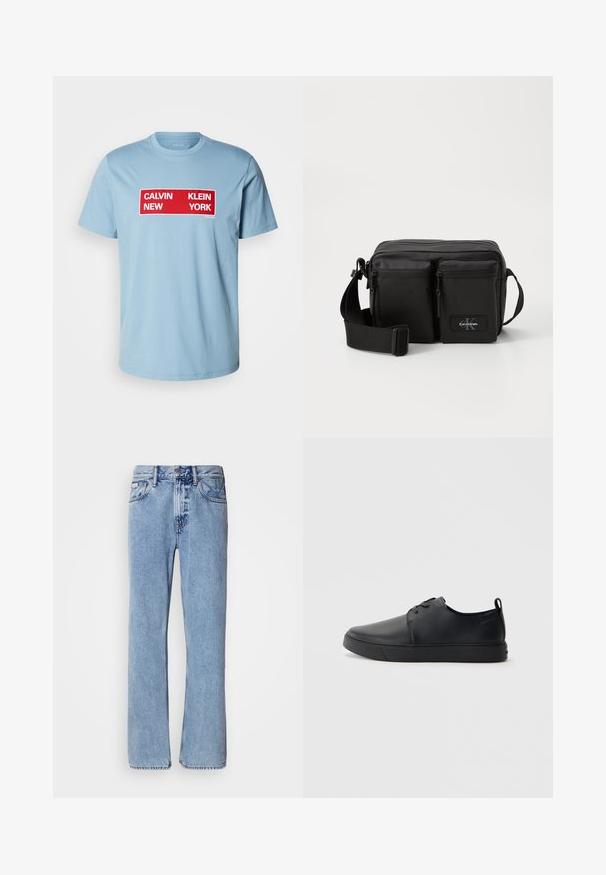 Calvin Klein Jeans BOX GRAPHIC TEE - T-Shirt print - smoke blue; Hellblaue Jeans aus Denim mit geradem Bein, fünf Taschen und Knopfverschluss. Nähte in der Nähe der Taschen und des Bundes.; Schwarze Leder-Sneaker mit glatter Oberfläche, abgerundeter Zehenpartie, gleichfarbiger Nähte, schnürbarem Vorderteil und flacher Gummisohle. Schlaufe an der Ferse.; Schwarze Umhängetasche aus strapazierfähigem Stoff, mit zwei Reißverschluss-Vordertaschen, einem verstellbaren Schultergurt und einem Logo-Patch.