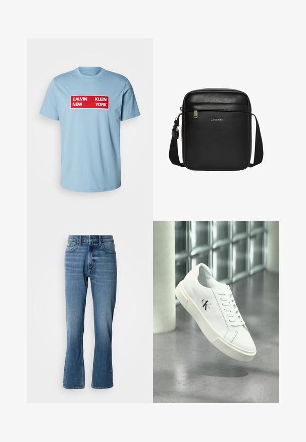 Calvin Klein Jeans BOX GRAPHIC TEE - Tričko s potlačou - smoke blue; Svetlo modré denimové rifle s rovnými nohavicami a jemným rozšírením. Majú päť vreciek, zapínanie na gombík a jemné detaily zohybovania.; Biela teniska Calvin Klein so šnúrkami, zobrazená vznášajúca sa nad leštenou betónovou podlahou a stenou z sklenených blokov.; Čierna Calvin Klein kabelka cez rameno s nastaviteľným popruhom, predným vreckom na zips a jemným logom na textúrovanej koženej ploche.
