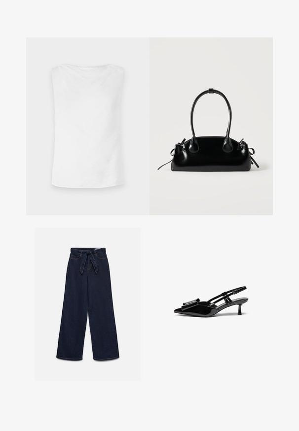 Débardeur blanc à coupe droite, texture douce et décolleté arrondi. L'ourlet est légèrement courbé, apportant une coupe décontractée.; Jean taille haute bleu foncé à jambes larges avec poches avant et ceinture en tissu assortie nouée à la taille.; Talons aiguilles en cuir verni noir avec un bout pointu, un détail en nœud à l'avant et un petit talon stiletto. Les brides sont équipées de boucles ajustables.; Petit sac à main noir brillant avec deux longues anses et des détails à cordon sur les côtés sur un fond clair uni.