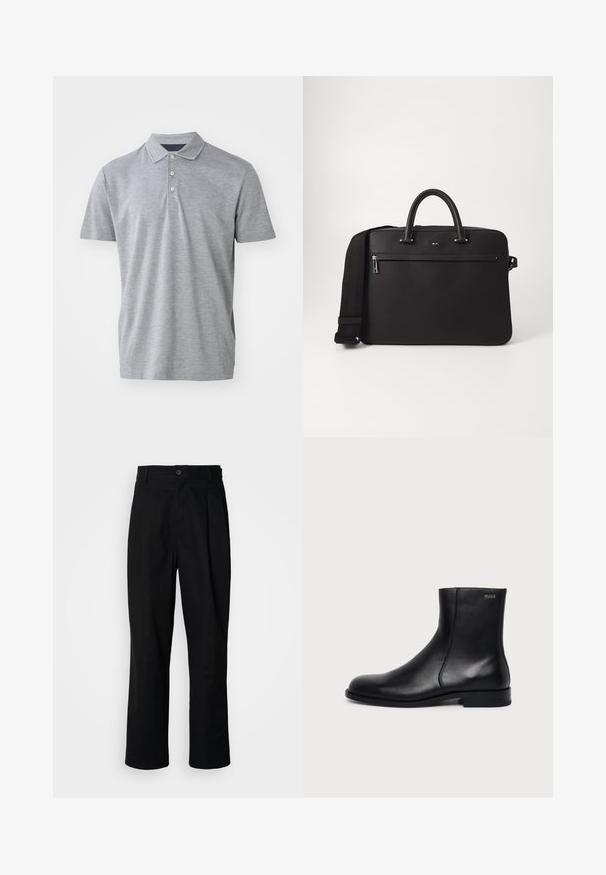 Polo de color gris claro hecho de una mezcla de algodón. Presenta un cuello clásico, una tapeta de tres botones y mangas cortas con un acabado texturizado.; Pantalones rectos negros con cintura con botones, trabillas para cinturón y pliegue frontal, exhibidos sobre un fondo blanco liso.; Botín negro de cuero con tacón bajo, costura lateral y pequeño logo "HUGO" en el puño superior sobre un fondo liso.; Bolso de piel negra con textura suave, doble asa superior y una correa de hombro desmontable. Cuenta con un bolsillo delantero con cremallera y detalle del logo.