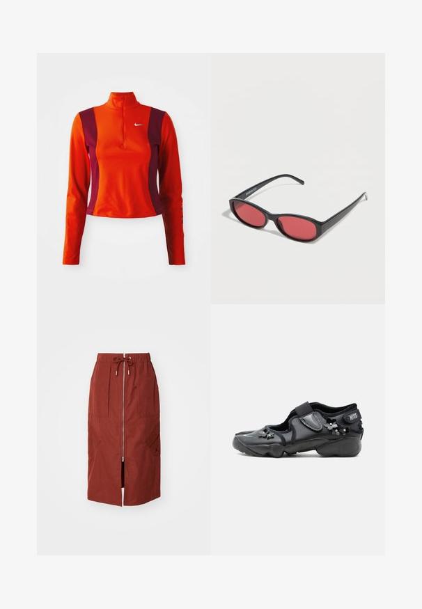 Punane ja lilla pika varrukaga särk, millel on veerandi pikkuses tõmblukk, Nike logo rinnal ning keha lähedane disain sileda tekstuuriga.; Keskmise pikkusega seelik terrakota punases, millel on eesne lukuga, elastne vöökoht koos tõmblukuga ja küljetaskud geomeetrilise mustriga.; Must Nike Air jalanõu takjapaelaga, kaunistatud väikeste mustade lilleornamentidega külgedel ja ees.; Mustad ovaalsed päikeseprillid õhukeste kätega ja punase tooniga läätsedega, mis puhkavad valgel pinnal.