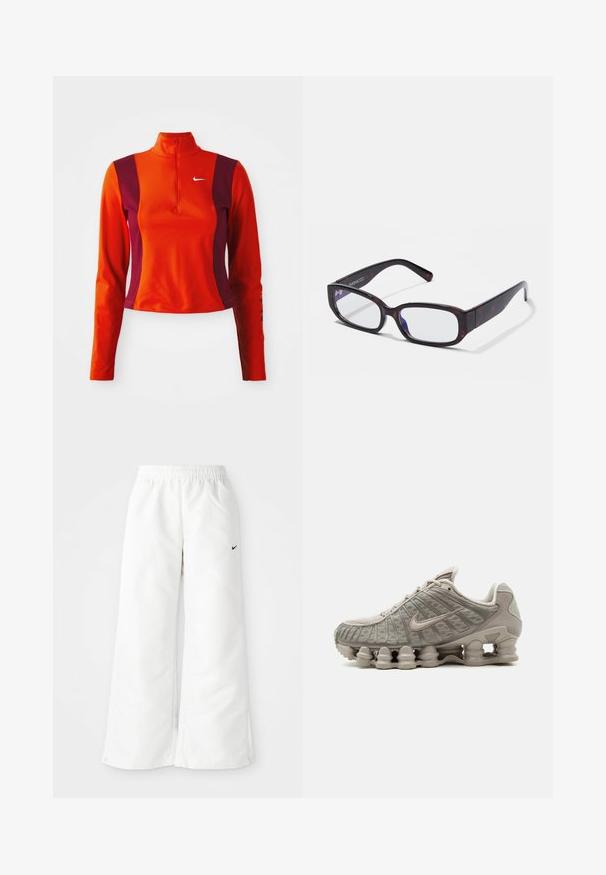 Punane ja lilla pika varrukaga särk, millel on veerandi pikkuses tõmblukk, Nike logo rinnal ning keha lähedane disain sileda tekstuuriga.; Valged spordipüksid laia jalaga disainiga, elastse vöökohtaga ja väike must Nike logo vasakul küljel. Sile, kerge materjal.; Hele beež Nike Shoxi sneaker nähtava sambakujulise polsterdusega tallaga ja võrgust üliskattega.; Pruunist kilpkonnakujulisest raamist valmistatud ristkülikukujulised prillid selgete läätsedega ja peenete käepidemetega, mis näitavad sujuvat tekstuuri ja minimalistlikku disaini.