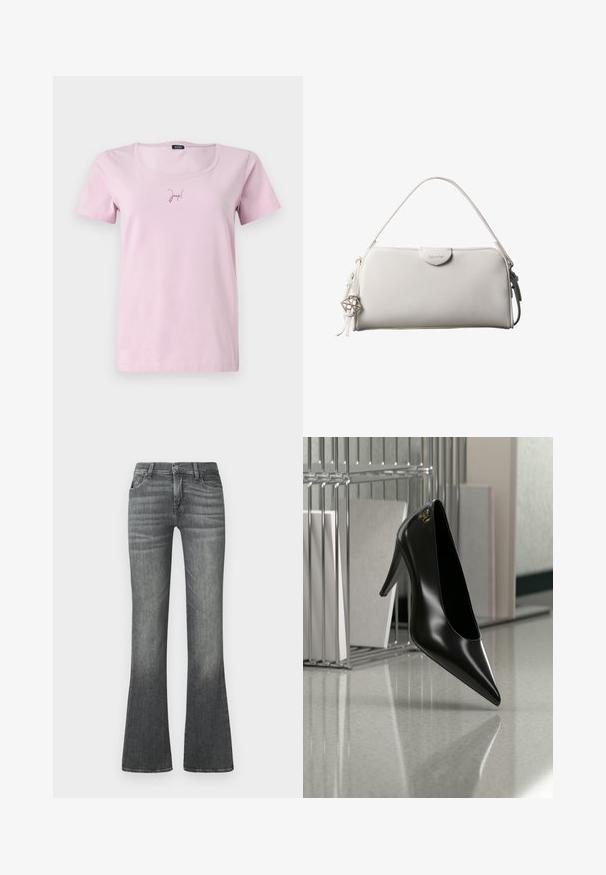 T-shirt en coton rose à manches courtes et décolleté en U, avec un petit logo "Joop!" en rose plus foncé sur le devant.; Jean gris évasé en denim, avec une taille mi-haute, un léger délavage et un design classique à cinq poches.; Chaussure noire à talon haut avec bout pointu et logo doré, posée sur une surface réfléchissante près d'un organiseur de dossiers en fil chromé contenant des documents.; Sac à main rectangulaire blanc Calvin Klein avec une seule poignée, design minimaliste et pampilles décoratives avec un charm métallique géométrique sur le côté.