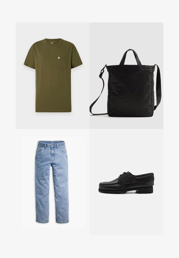 Olijf groene katoenen T-shirt met een ronde hals, korte mouwen en een linkse borstzak met een klein merkembleem. Glad oppervlak.; Lichtblauwe denim jeans met rechte pijpen, voorste knoop- en ritssluiting, riemlussen en schuine voorzakken.; Zwarte schoen met een leren bovenzijde, textiele accenten, ronde veters en een getextureerde rubberen zool. Voorzien van mocassin-stiksel en merkdetails.; Zwarte nylon tote bag met korte handvatten en een afneembare schouderband, voorzien van een slank, gewatteerd ontwerp en minimale hardware-accenten.