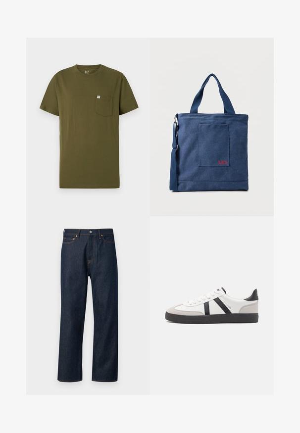 Olivenfarbiges Baumwoll-T-Shirt mit Rundhalsausschnitt, kurzen Ärmeln und einer Brusttasche auf der linken Seite, die ein kleines Markenetikett trägt. Glatte Textur.; Abercrombie & Fitch BAGGY RAW - Baggy Jeans - blue denim; Weiße Sneaker mit schwarz- und grau-aczenten, ausgestattet mit einer strukturierten grauen Zehenkappe, schwarzer Gummi-Sohle und flachen weißen Schnürsenkeln. Sauberes Design, minimalistische Stil.; Blauer Canvas-Einkaufstasche mit Vordertasche und roter "O.N.S" Stickerei, ausgestattet mit zwei Griffen und einem verstellbaren Schulterriemen.