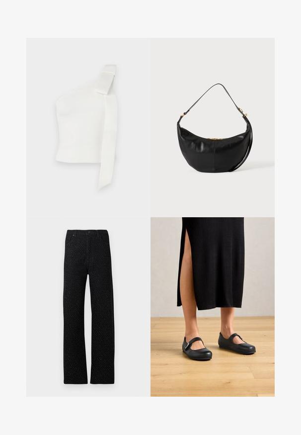 Asymmetrische witte top gemaakt van textuurstof. Heeft een enkele schouderband met een strikdetail, wat het moderne ontwerp benadrukt.; Zwarte denim broek met een rechte pasvorm, voorzien van een gestructureerd patroon van kleine stippen en vijf zakken, inclusief voor- en achterzakken.; Vrouw in een zwarte ribbel midi-rok met een zijsplit, draagt zwarte Mary Jane ballerina's op een houten vloer.; Zwarte leren handtas in halve maanvorm met een enkele schouderriem en gouden ritssluitingdetail op egale achtergrond.