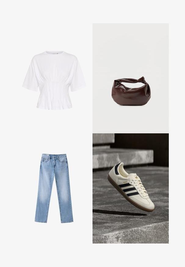 Haut blanc à manches courtes en tissu doux, avec un col rond et un détail froncé à la taille pour un look ajusté.; Jean bleu clair à jambe droite avec poches avant, passants de ceinture et fermeture par boutons sur fond blanc.; Baskets blanches Adidas Samba avec des bandes noires et une semelle en gomme, flottant au-dessus de marches en béton gris texturé.; Sac bandoulière en cuir marron foncé avec une forme souple et décontractée et une anse nouée torsadée sur un fond blanc uni.