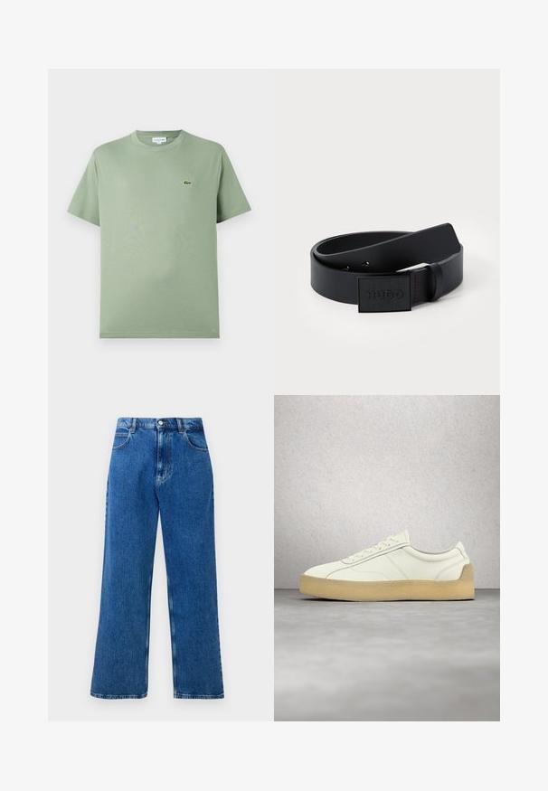Lysegrøn bomulds T-shirt med rund halsudskæring, korte ærmer og et lille logo på venstre bryst. Glat tekstur, standard pasform.; Blå højtaljede, brede denimjeans med frontknap og lynlås, bæltestropper og fem lommer.; Hvid lædersneaker med beige sål, snørebånd bundet, svævende over poleret beton gulv nær glasblokvæg og hvid søjle.; Sort syntetisk bælte med en glat overflade, udstyret med en rektangulær sort spænde præget med "HUGO" og rød stikning som accent.