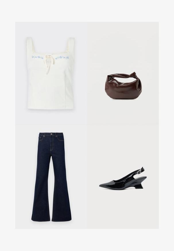 Λευκό αμάνικο crop top με τετράγωνο ντεκολτέ, δέσιμο μπροστά και λεπτή μπλε κεντητή διακόσμηση στο πάνω μέρος του στήθους.; Σκούρες μπλε τζιν παντελόνες με φαρδιά γραμμή, υψηλή μέση, μπροστινές τσέπες και χρυσές ραφές. Λείος υφασμάτινος χαρακτήρας με παραδοσιακή γραμμή.; Μαύρο παπούτσι slingback από πατενταρισμένο δέρμα με μυτερή μύτη και χαμηλό κεκλιμένο τακούνι τύπου block σε απλό φωτεινό φόντο.; Σκούρα καφέ δερμάτινη τσάντα ώμου με μαλακό, χαλαρό σχήμα και λαβή με στριμμένο κόμπο σε απλό λευκό φόντο.