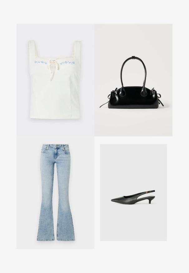 Λευκό αμάνικο crop top με τετράγωνο ντεκολτέ, δέσιμο μπροστά και λεπτή μπλε κεντητή διακόσμηση στο πάνω μέρος του στήθους.; Ανοιχτό μπλε τζην με φαρδύ τελείωμα, μέσης κανονικού ύψους, πέντε τσέπες και ραφές κατά μήκος των ραφών, με μεταλλικό κουμπί κλεισίματος.; Μαύρο παπούτσι slingback με μυτερή μύτη, κατασκευασμένο από λείο δέρμα. Διαθέτει λεπτό τακούνι και λεπτομέρεια με αγκράφα στη ρυθμιζόμενη λωρίδα.; Μικρή μαύρη γυαλιστερή τσάντα με δύο μακριές λαβές και λεπτομέρειες με ρυθμιζόμενο κορδόνι στο πλάι σε απλό ανοιχτό φόντο.