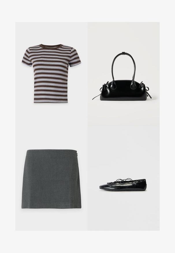 T-shirt court à manches courtes rayé horizontalement marron et blanc avec un col rond sur fond uni.; Jupe en damier noir et blanc en tissu à la texture lisse. Présente une silhouette droite et une fermeture éclair sur le côté.; Bottine plate noire à bout pointu avec un laçage à l'avant et des œillets le long des bords, présentée sur un fond blanc.; Petit sac à main noir brillant avec deux longues anses et des détails à cordon sur les côtés sur un fond clair uni.