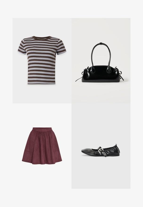 T-shirt court à manches courtes rayé horizontalement marron et blanc avec un col rond sur fond uni.; Jupe en daim bordeaux avec une forme évasée, une taille élastique et deux poches latérales, présentant une texture douce et un design minimaliste.; Chaussure plate en cuir noir avec un nez pointu, des détails froncés autour de l'ouverture et un accent en boucle argentée sur la bride ajustable.; Petit sac à main noir brillant avec deux longues anses et des détails à cordon sur les côtés sur un fond clair uni.