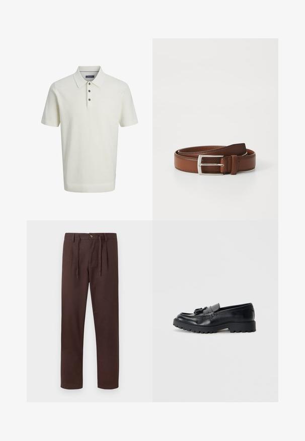 Polo blanc à manches courtes texturé avec trois boutons sombres et un col classique, présenté sur un fond clair uni.; Pantalon marron à jambes droites avec bouton à la taille, cordon de serrage, passants de ceinture et poches latérales, présenté sur fond blanc.; Mocassins en cuir noir avec une finition brillante, semelle en caoutchouc épaisse et détail de frange décoratif à l'avant.; Ceinture en cuir brun au fini lisse, avec une boucle en métal argenté et une couture subtile le long des bords. Design classique et durable.