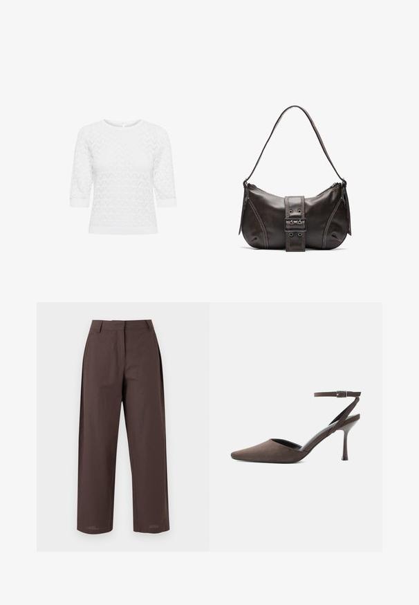 Top en tricot blanc avec des manches 3/4, présentant un motif géométrique. Encolure ronde et détail en forme de clé à l'arrière. Tissu doux et texturé.; Pantalon marron à jambes droites avec passants de ceinture, poches latérales et fermeture frontale dissimulée.; Chaussure à talon haut en daim marron à bout pointu, avec une fine bride de cheville et une boucle argentée sur fond blanc.; Sac à épaule en cuir marron avec une forme courbée, présentant un détail de boucle proéminent, des coutures contrastantes et une seule bandoulière.
